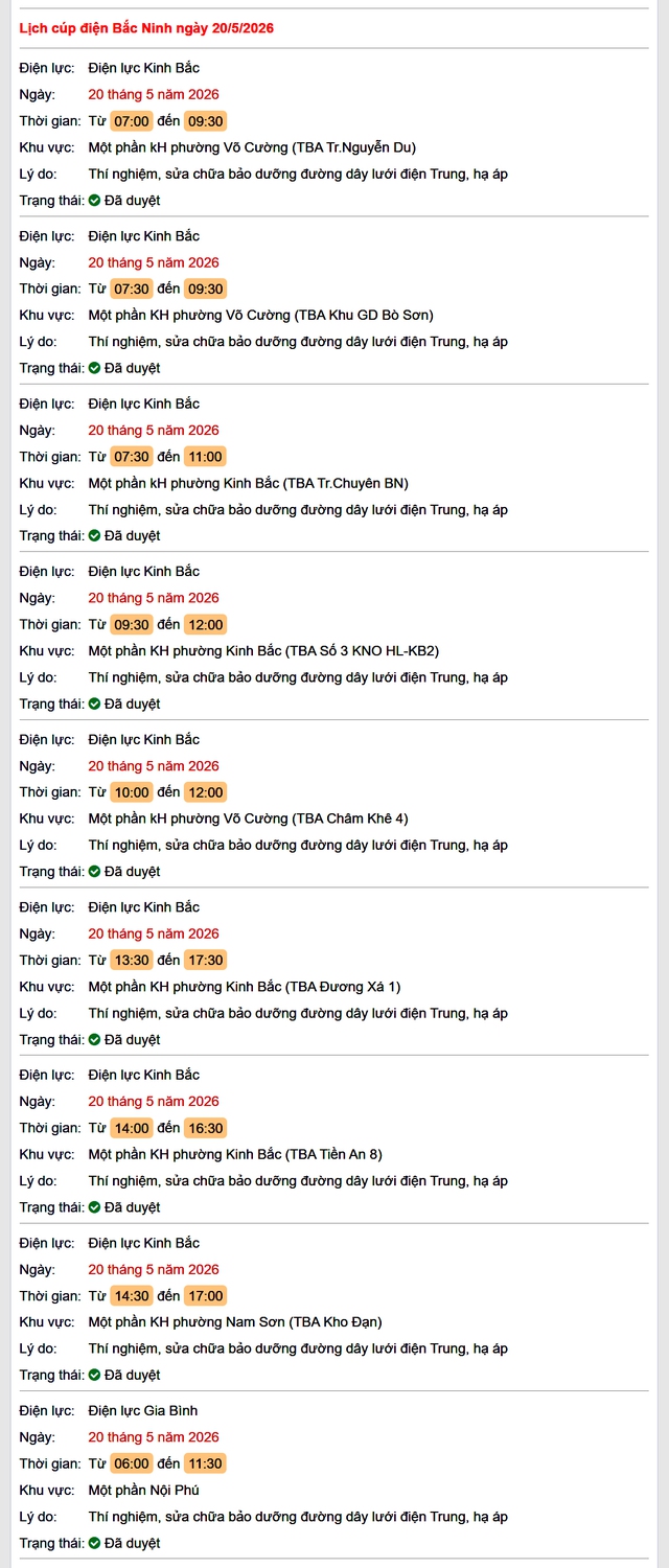 Tra cứu lịch cắt điện Bắc Ninh hôm nay Thứ 4 ngày 20/5/2026- Ảnh 1.