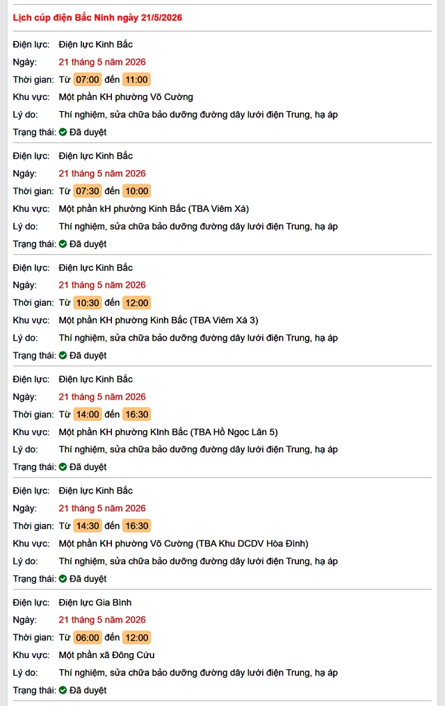 Tra cứu lịch cắt điện Bắc Ninh hôm nay Thứ 5 ngày 21/5/2026- Ảnh 1.