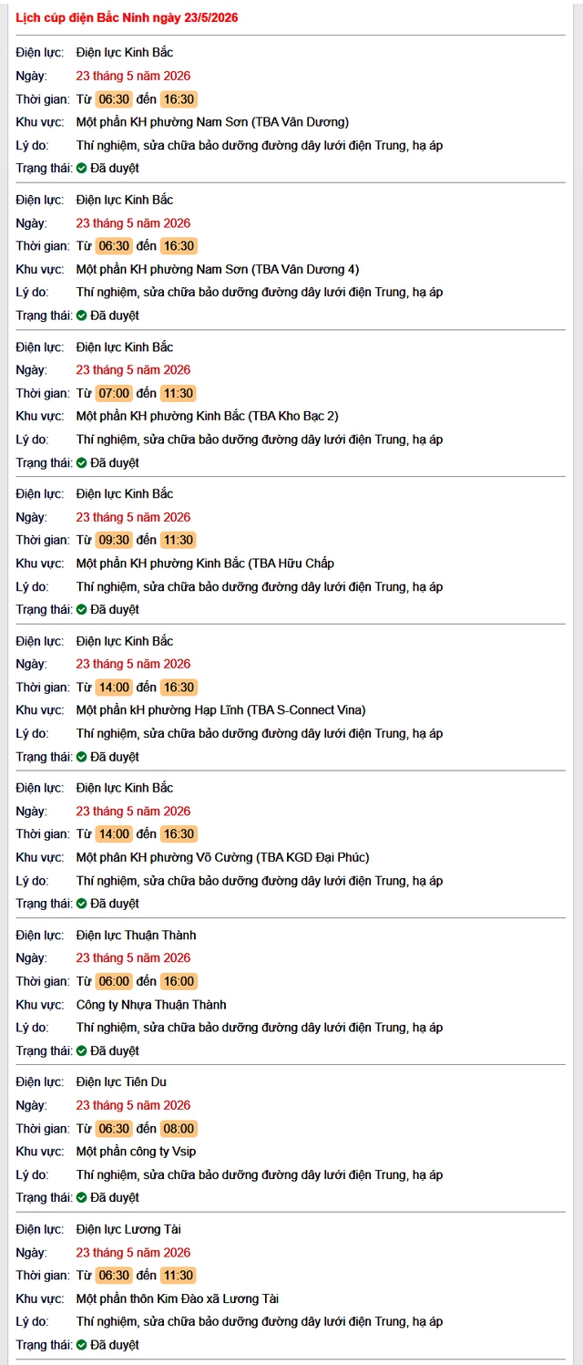 Tra cứu lịch cắt điện Bắc Ninh hôm nay Thứ 7 ngày 23/5/2026- Ảnh 1.