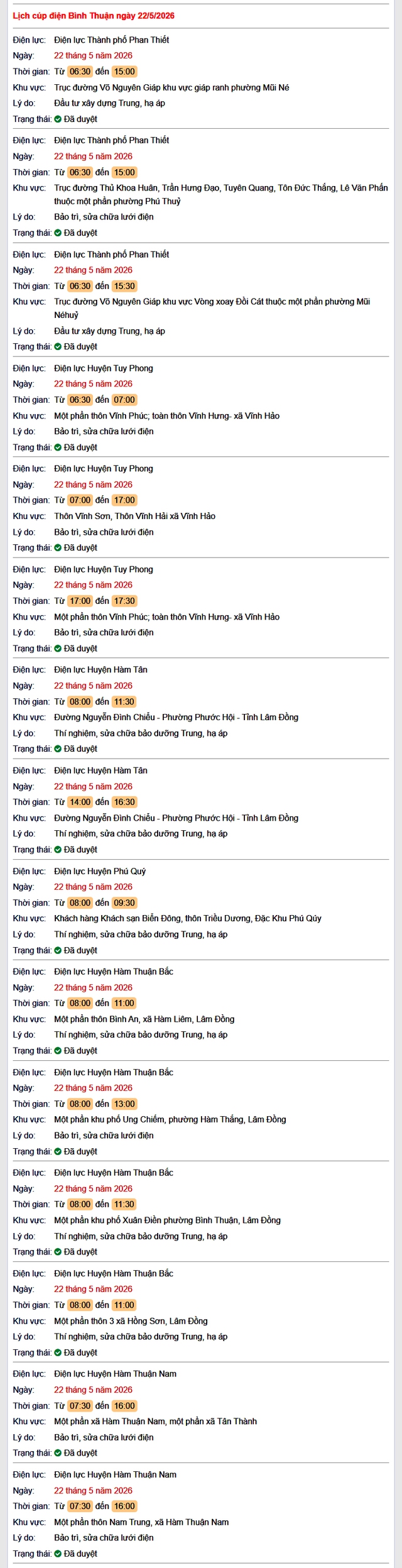 Tra cứu lịch cúp điện Bình Thuận hôm nay Thứ 6 ngày 22/5/2026- Ảnh 1.