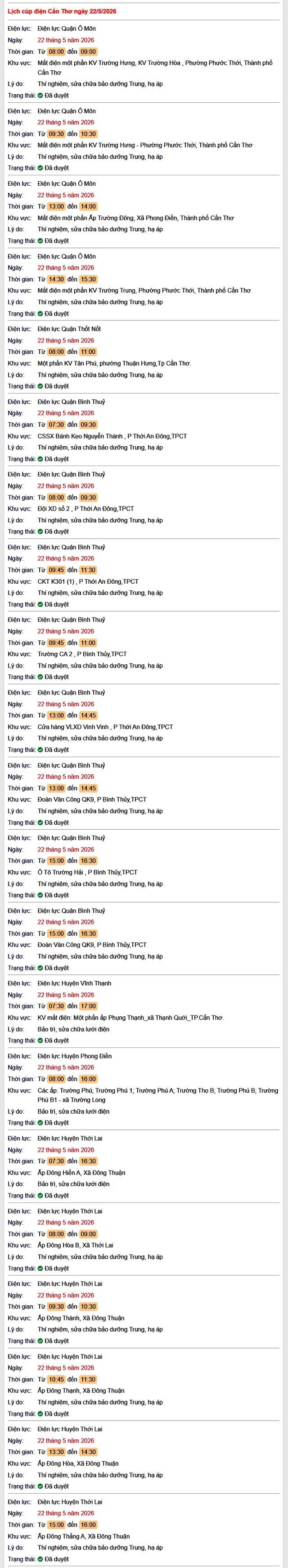 Tra cứu lịch cúp điện Cần Thơ hôm nay Thứ 6 ngày 22/5/2026- Ảnh 1.