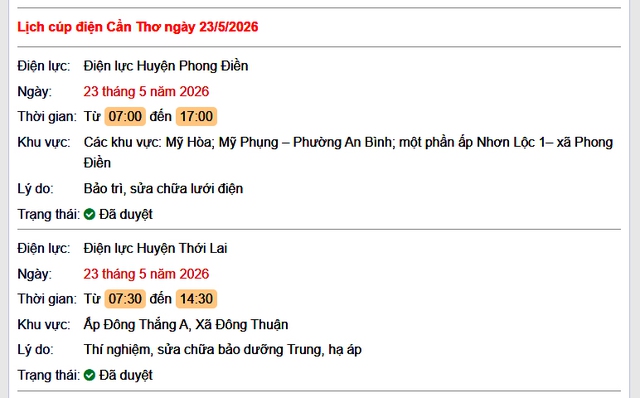 Tra cứu lịch cúp điện Cần Thơ hôm nay Thứ 7 ngày 23/5/2026- Ảnh 1.