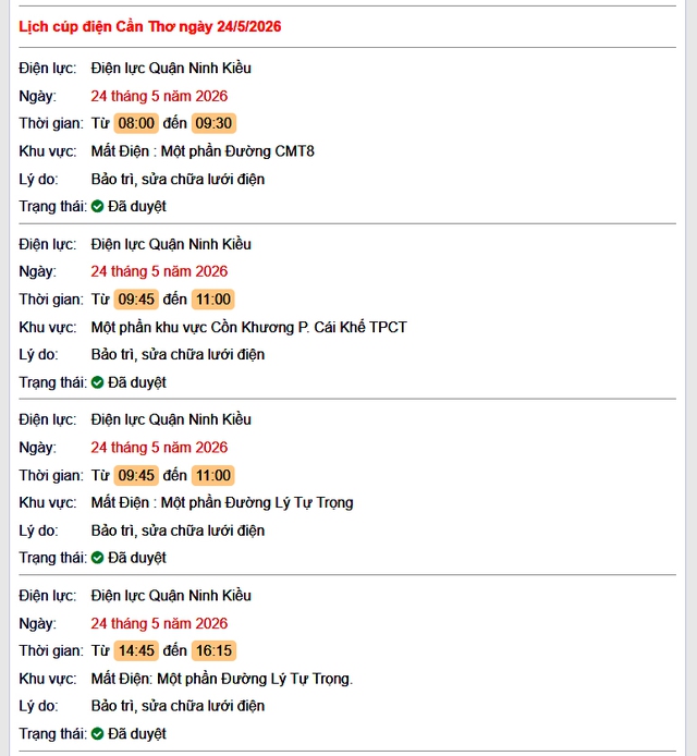Tra cứu lịch cúp điện Cần Thơ hôm nay Chủ Nhật ngày 24/5/2026- Ảnh 1.