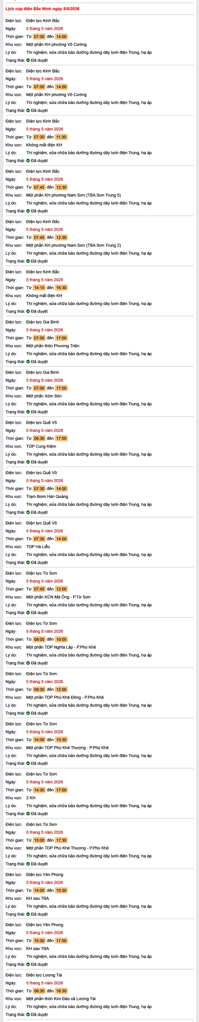 Tra cứu lịch cắt điện Bắc Ninh hôm nay Thứ 3 ngày 5/5/2026- Ảnh 1.