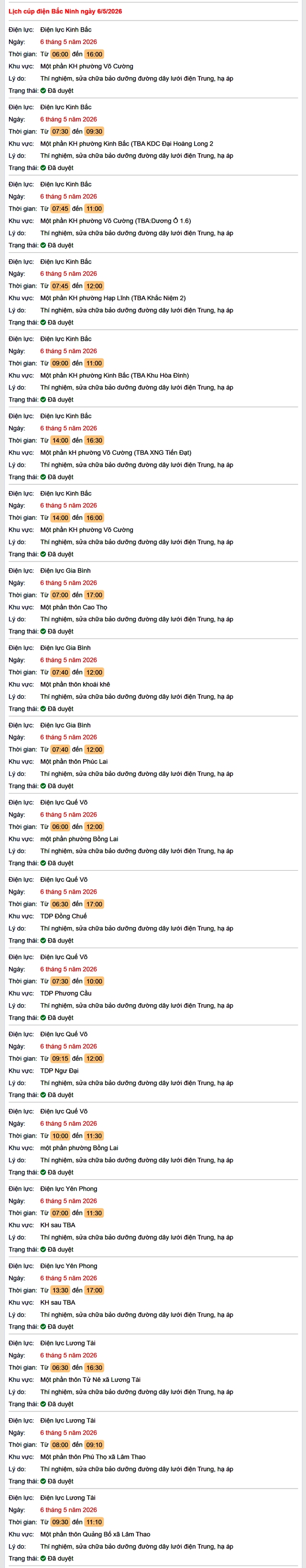 Tra cứu lịch cắt điện Bắc Ninh hôm nay Thứ 4 ngày 6/5/2026- Ảnh 1.