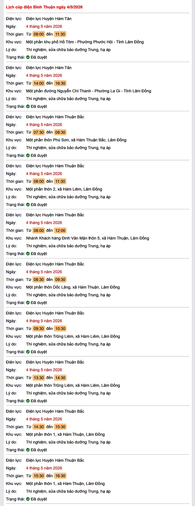 Tra cứu lịch cúp điện Bình Thuận hôm nay Thứ 2 ngày 4/5/2026- Ảnh 1.
