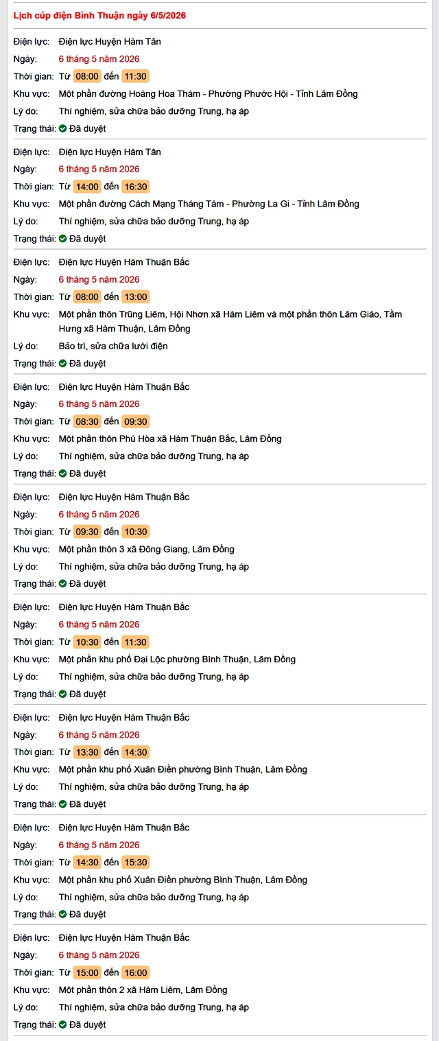 Tra cứu lịch cúp điện Bình Thuận hôm nay Thứ 4 ngày 6/5/2026- Ảnh 1.