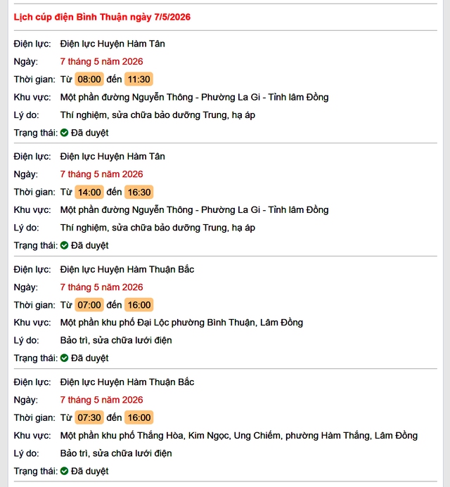 Tra cứu lịch cúp điện Bình Thuận hôm nay Thứ 5 ngày 7/5/2026- Ảnh 1.