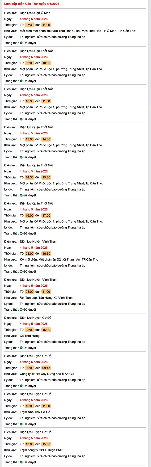 Tra cứu lịch cúp điện Cần Thơ hôm nay Thứ 2 ngày 4/5/2026- Ảnh 1.