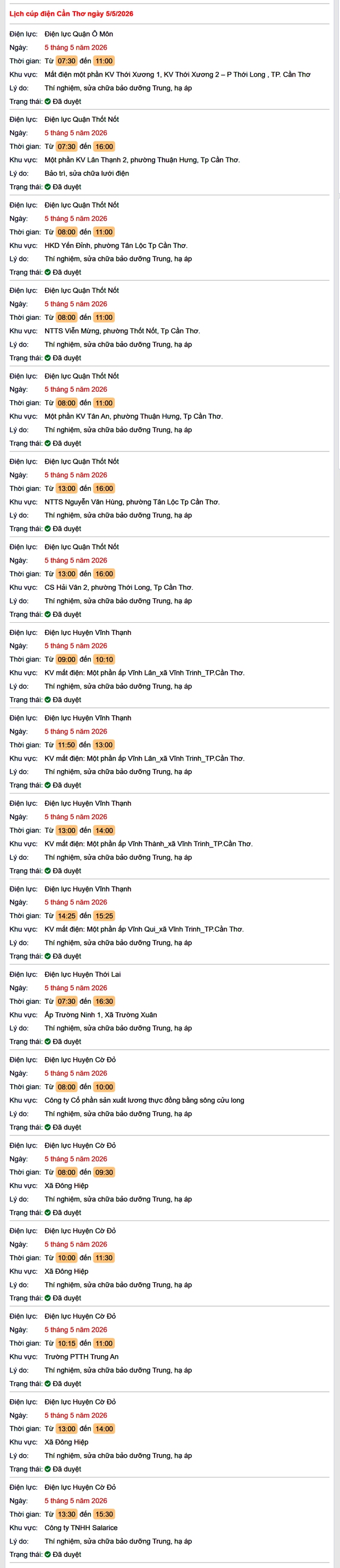 Tra cứu lịch cúp điện Cần Thơ hôm nay Thứ 3 ngày 5/5/2026- Ảnh 1.