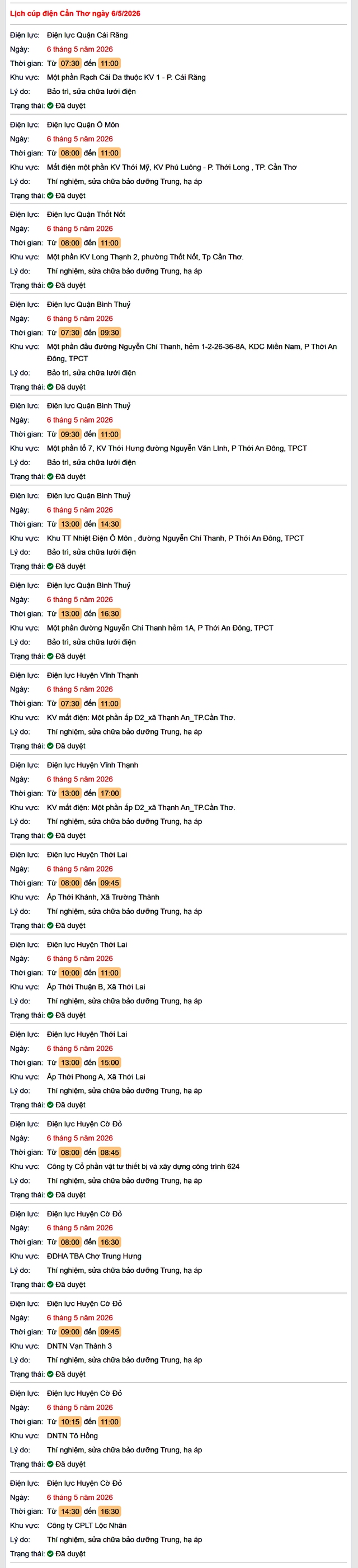 Tra cứu lịch cúp điện Cần Thơ hôm nay Thứ 4 ngày 6/5/2026- Ảnh 1.