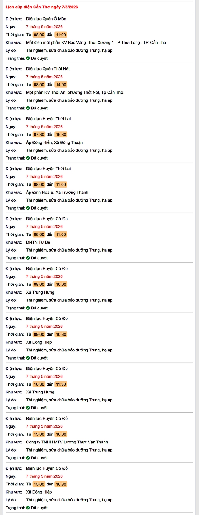 Tra cứu lịch cúp điện Cần Thơ hôm nay Thứ 5 ngày 7/5/2026- Ảnh 1.