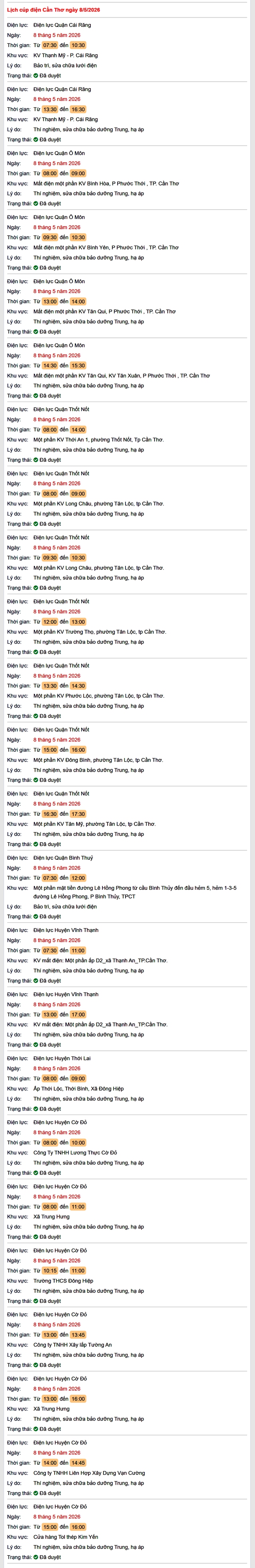 Tra cứu lịch cúp điện Cần Thơ hôm nay Thứ 6 ngày 8/5/2026- Ảnh 1.