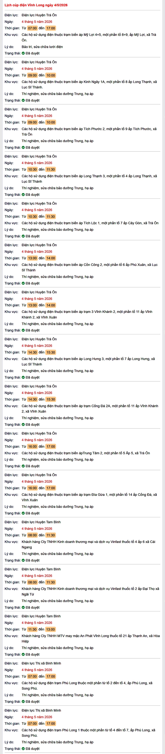 Tra cứu lịch cúp điện Vĩnh Long hôm nay Thứ 2 ngày 4/5/2026- Ảnh 1.
