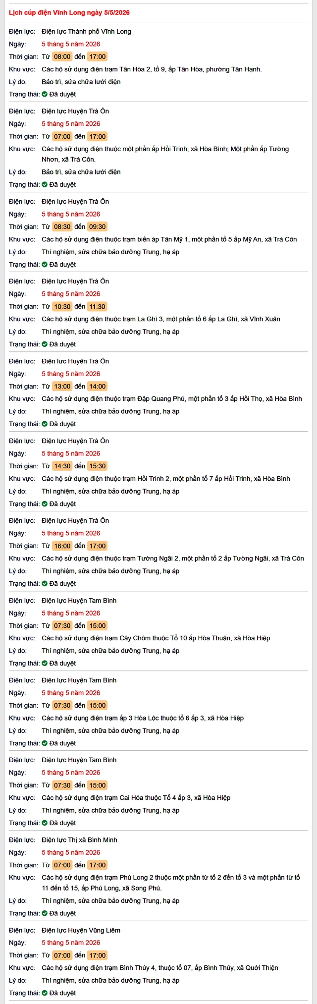 Tra cứu lịch cúp điện Vĩnh Long hôm nay Thứ 3 ngày 5/5/2026- Ảnh 1.