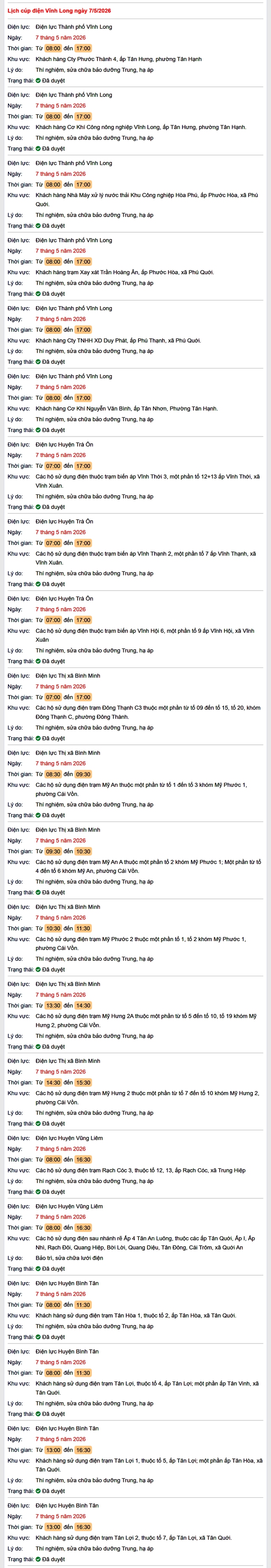 Tra cứu lịch cúp điện Vĩnh Long hôm nay Thứ 5 ngày 7/5/2026- Ảnh 1.