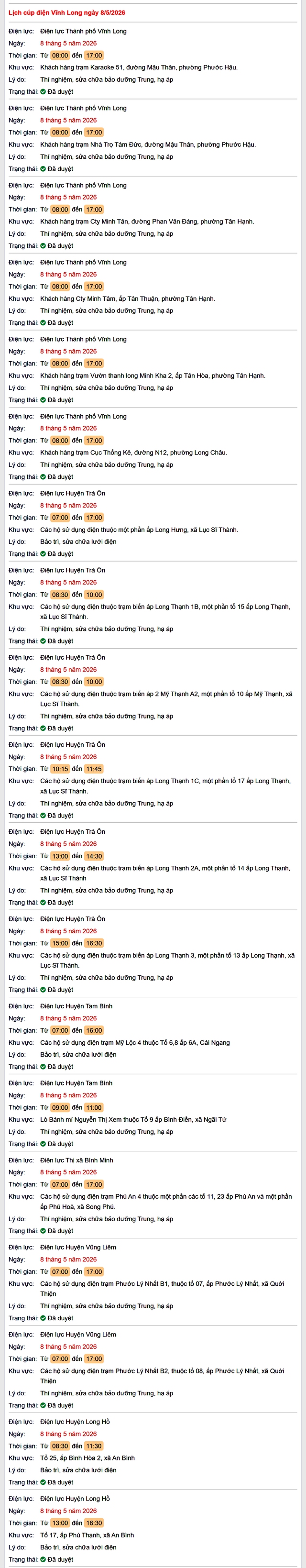 Tra cứu lịch cúp điện Vĩnh Long hôm nay Thứ 6 ngày 8/5/2026- Ảnh 1.