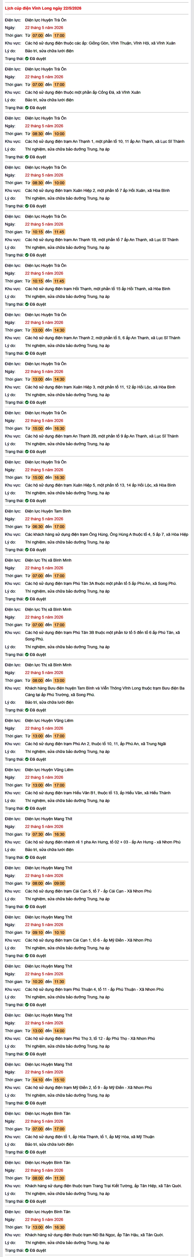 Tra cứu lịch cúp điện Vĩnh Long hôm nay Thứ 6 ngày 22/5/2026- Ảnh 1.