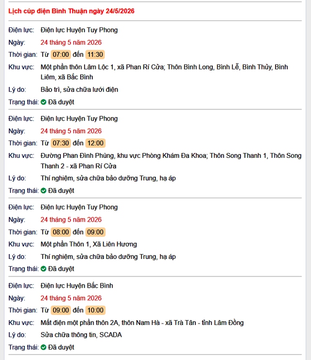 Tra cứu lịch cúp điện Bình Thuận hôm nay Chủ Nhật ngày 24/5/2026- Ảnh 1.