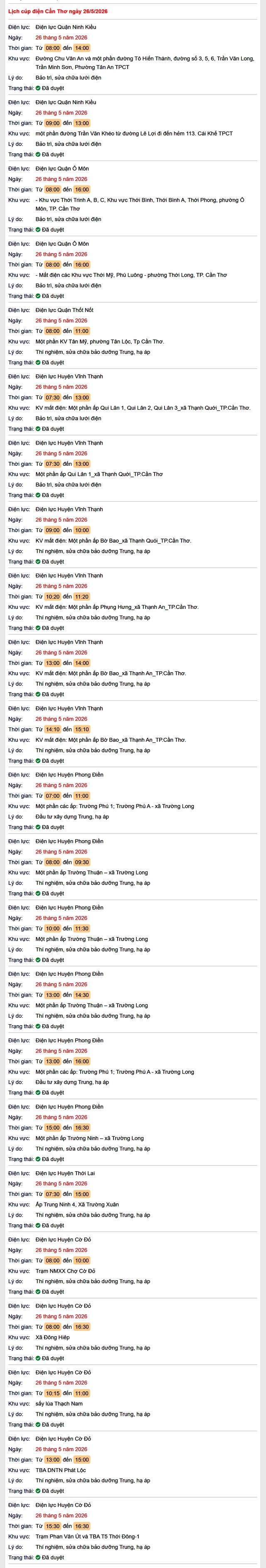 Tra cứu lịch cúp điện Cần Thơ hôm nay Thứ 3 ngày 26/5/2026- Ảnh 1.