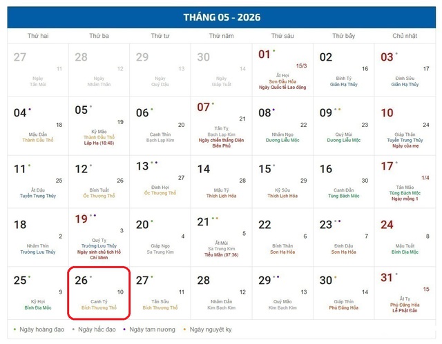 Âm lịch hôm nay 26/5 - Lịch âm 26/5 - Lịch vạn niên ngày 26/5/2026- Ảnh 1. Âm lịch hôm nay 26/5 - Lịch âm 26/5 - Lịch vạn niên ngày 26/5/2026- Ảnh 1.