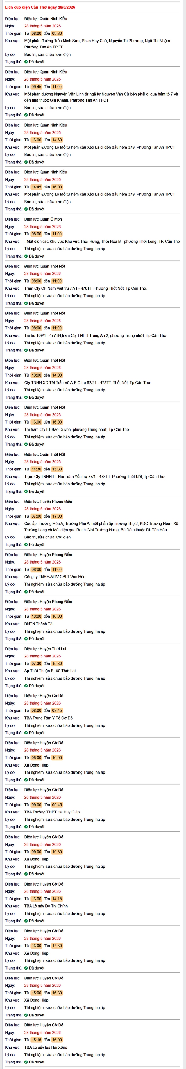 Tra cứu lịch cúp điện Cần Thơ hôm nay Thứ 5 ngày 28/5/2026- Ảnh 1.