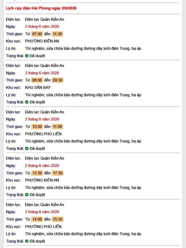 Tra cứu lịch cắt điện Hải Phòng hôm nay Thứ 3 ngày 2/6/2026- Ảnh 1.