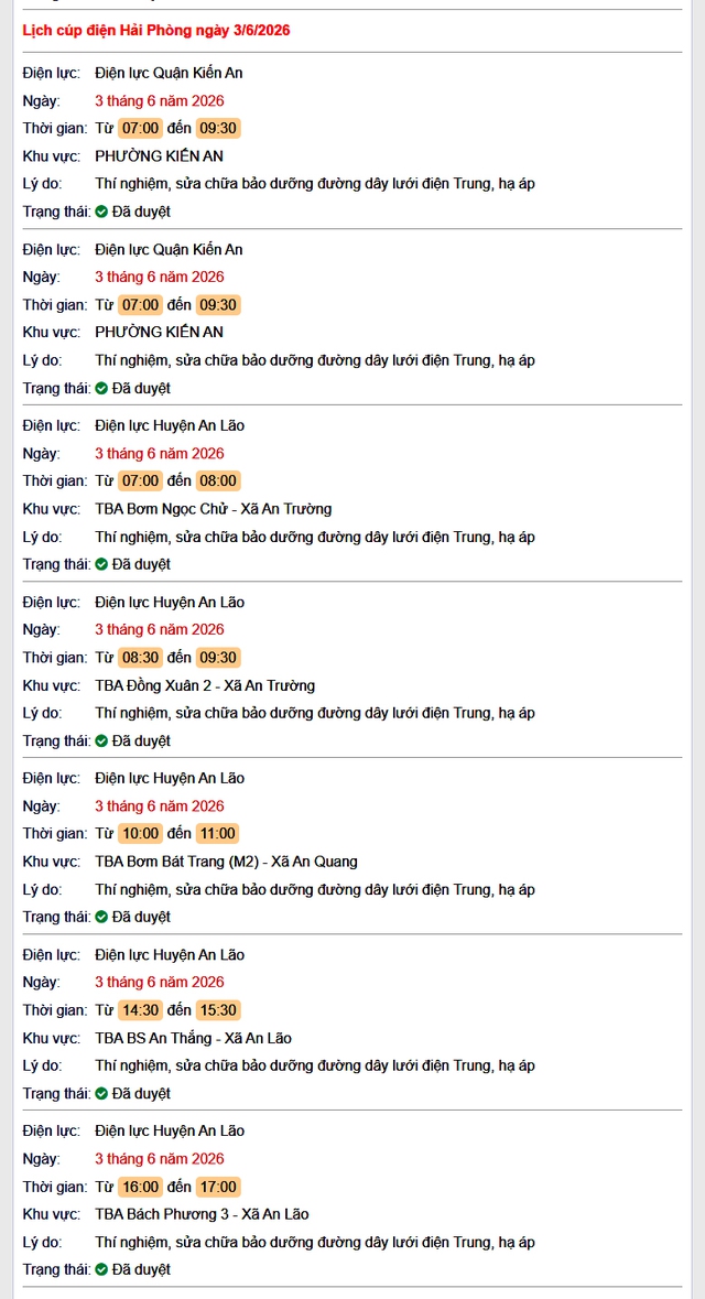 Tra cứu lịch cắt điện Hải Phòng hôm nay Thứ 4 ngày 3/6/2026- Ảnh 1.
