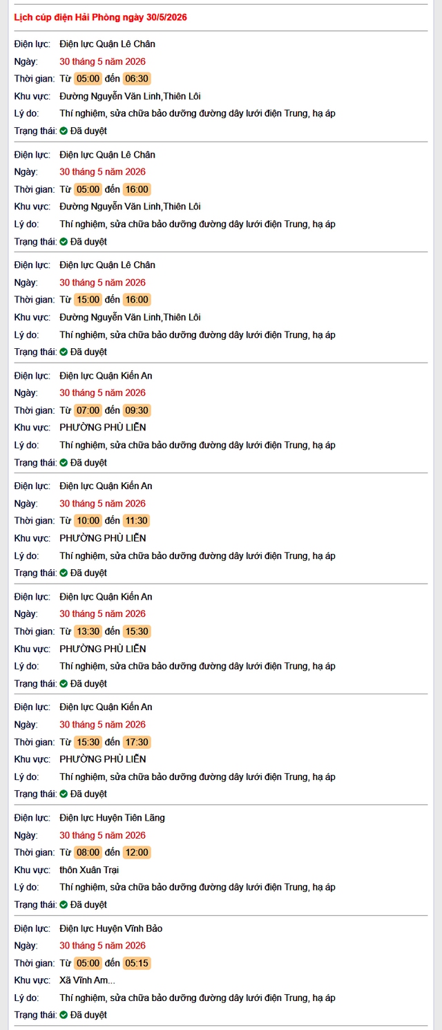 Tra cứu lịch cắt điện Hải Phòng hôm nay Thứ 7 ngày 30/5/2026- Ảnh 1.