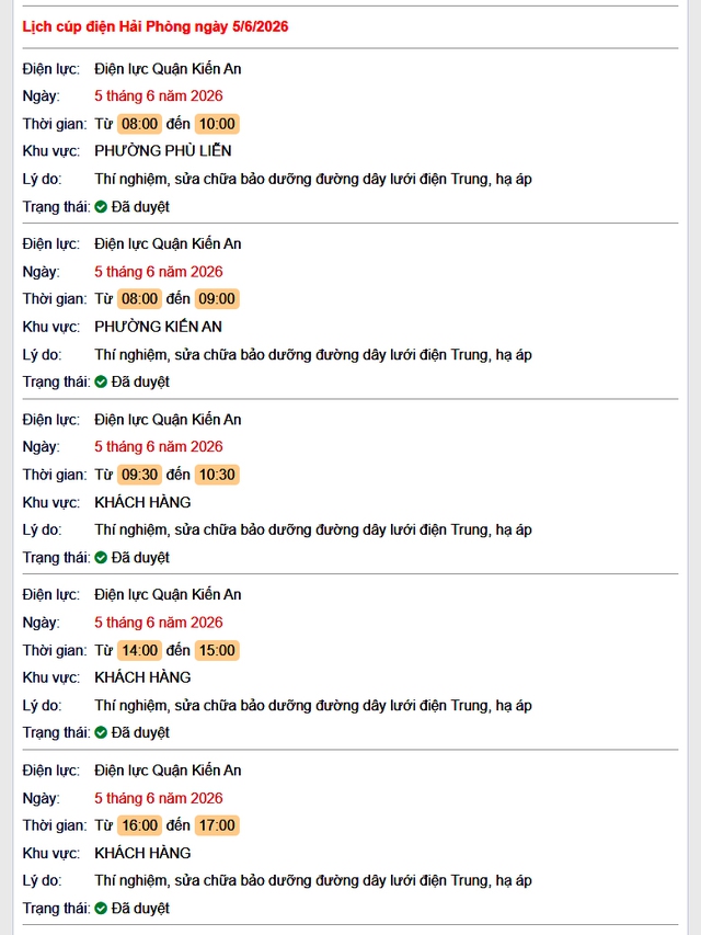 Tra cứu lịch cắt điện Hải Phòng hôm nay Thứ 6 ngày 5/6/2026- Ảnh 1. Tra cứu lịch cắt điện Hải Phòng hôm nay Thứ 6 ngày 5/6/2026- Ảnh 1.