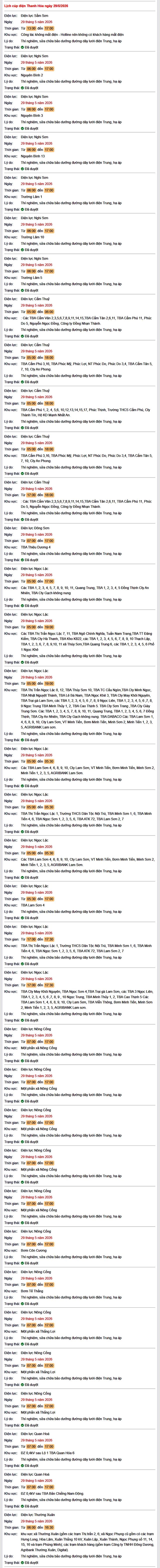 Tra cứu lịch cắt điện Thanh Hóa hôm nay Thứ 6 ngày 29/5/2026- Ảnh 1.