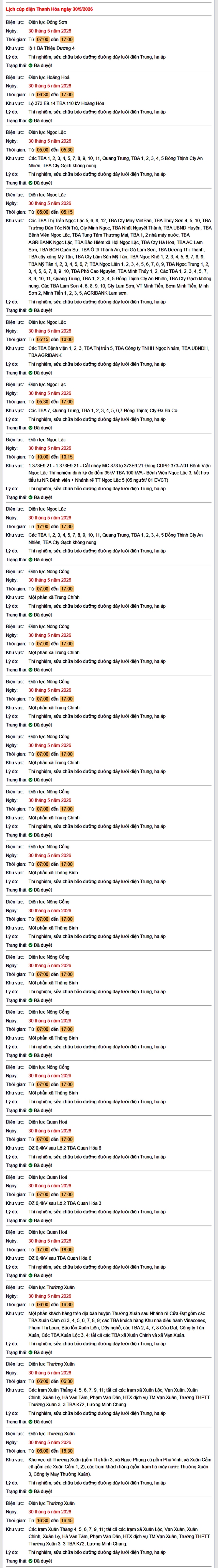 Tra cứu lịch cắt điện Thanh Hóa hôm nay Thứ 7 ngày 30/4/2026- Ảnh 1.