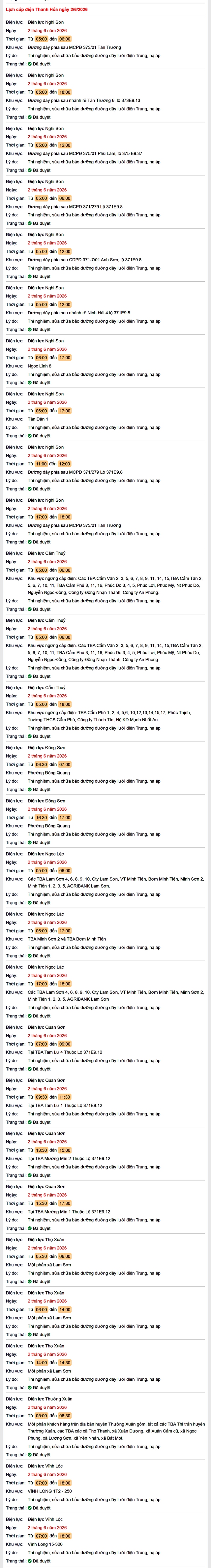 Tra cứu lịch cắt điện Thanh Hóa hôm nay Thứ 3 ngày 2/6/2026- Ảnh 1.