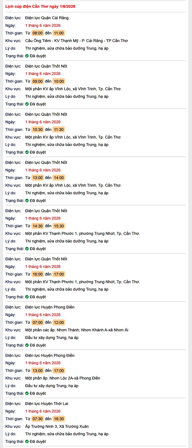 Tra cứu lịch cúp điện Cần Thơ hôm nay Thứ 2 ngày 1/6/2026- Ảnh 1.
