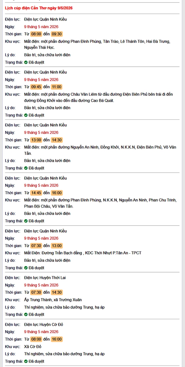 Tra cứu lịch cúp điện Cần Thơ hôm nay Thứ 7 ngày 9/5/2026- Ảnh 1.