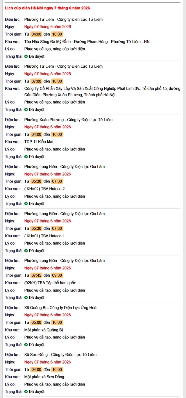 Chi tiết lịch cắt điện Hà Nội hôm nay Chủ Nhật ngày 7/6/2026- Ảnh 1. Chi tiết lịch cắt điện Hà Nội hôm nay Chủ Nhật ngày 7/6/2026- Ảnh 1.
