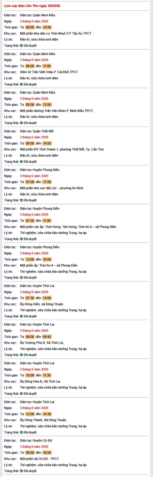 Tra cứu lịch cúp điện Cần Thơ hôm nay Thứ 4 ngày 3/6/2026- Ảnh 1.