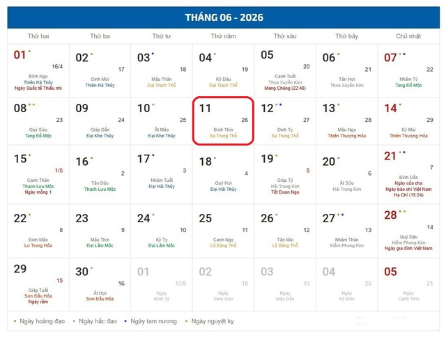 Âm lịch hôm nay 11/6 - Lịch âm 11/6 - Lịch vạn niên ngày 11/6/2026- Ảnh 1.