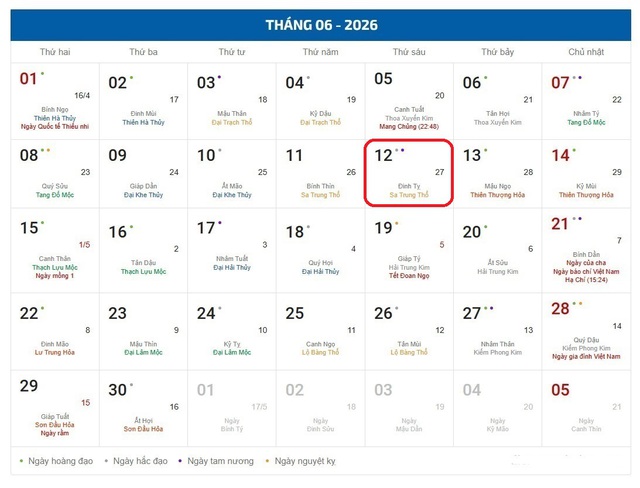 Âm lịch hôm nay 12/6 - Lịch âm 12/6 - Lịch vạn niên ngày 12/6/2026 - Ảnh 1.