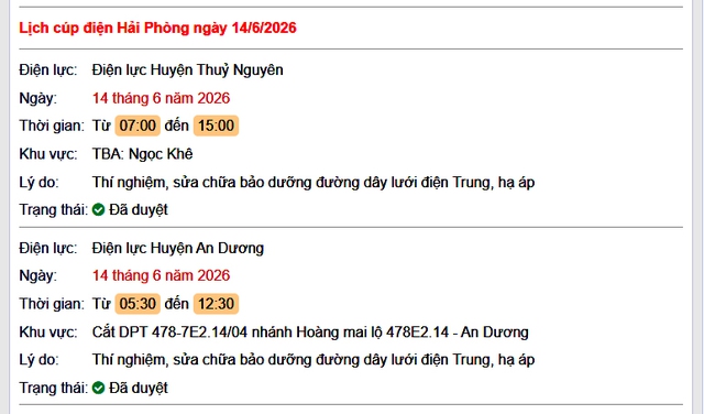 Tra cứu lịch cắt điện Hải Phòng hôm nay Chủ Nhật ngày 14/6/2026 - Ảnh 1.
