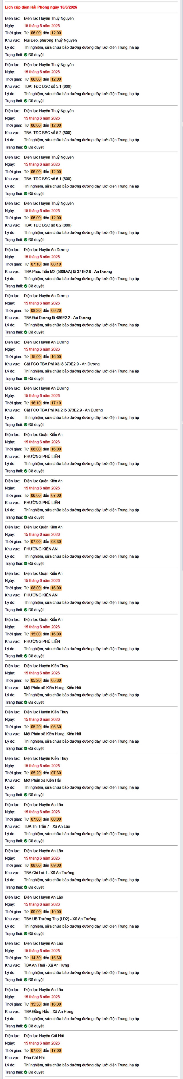 Tra cứu lịch cắt điện Hải Phòng hôm nay Thứ 2 ngày 15/6/2026- Ảnh 1.