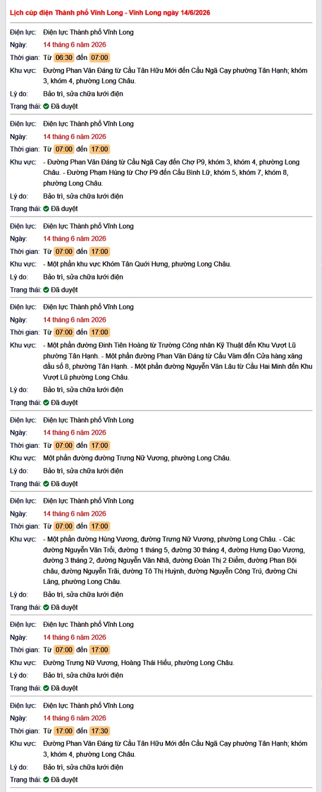 Tra cứu lịch cúp điện Vĩnh Long hôm nay Chủ Nhật ngày 14/6/2026 - Ảnh 1.