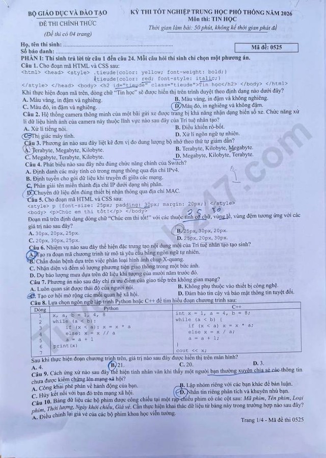 Đáp án đề thi môn Tin học tốt nghiệp THPT 2026 tất cả mã đề - Ảnh 2.