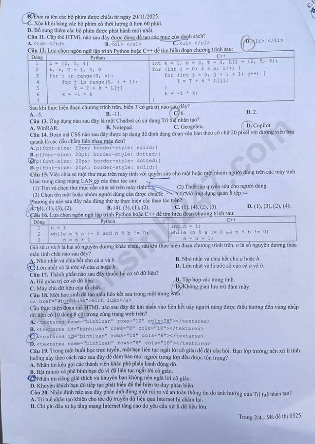Đáp án đề thi môn Tin học tốt nghiệp THPT 2026 tất cả mã đề - Ảnh 3.