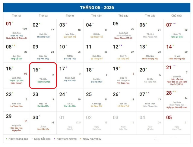 Âm lịch hôm nay 16/6 - Lịch âm 16/6 - Lịch vạn niên ngày 16/6/2026 - Ảnh 1.