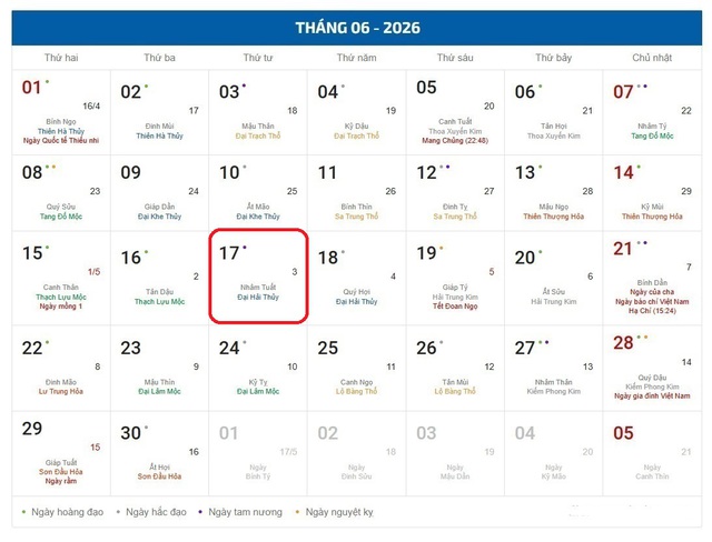 Âm lịch hôm nay 17/6 - Lịch âm 17/6 - Lịch vạn niên ngày 17/6/2026- Ảnh 1. Âm lịch hôm nay 17/6 - Lịch âm 17/6 - Lịch vạn niên ngày 17/6/2026- Ảnh 1.