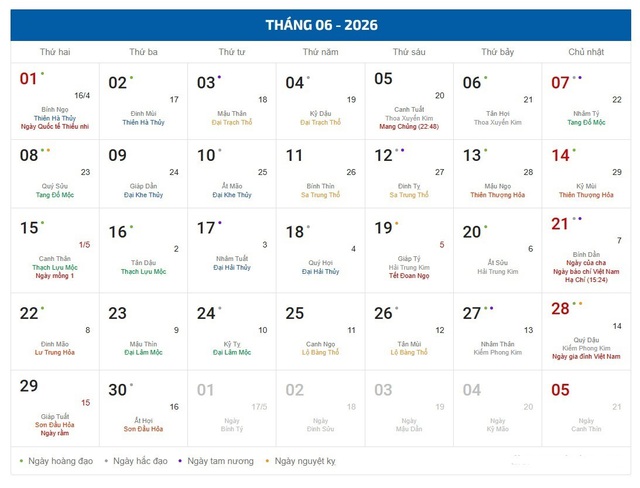 Âm lịch hôm nay 6/6 - Lịch âm 6/6 - Lịch vạn niên ngày 6/6/2026- Ảnh 1.