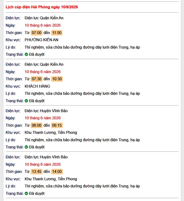 Tra cứu lịch cắt điện Hải Phòng hôm nay Thứ 4 ngày 10/6/2026- Ảnh 1. Tra cứu lịch cắt điện Hải Phòng hôm nay Thứ 4 ngày 10/6/2026- Ảnh 1.