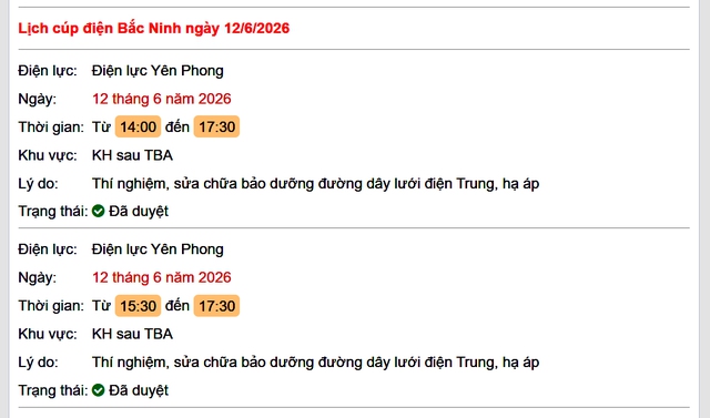 Tra cứu lịch cắt điện Bắc Ninh hôm nay Thứ 6 ngày 12/6/2026- Ảnh 1. Tra cứu lịch cắt điện Bắc Ninh hôm nay Thứ 6 ngày 12/6/2026- Ảnh 1.