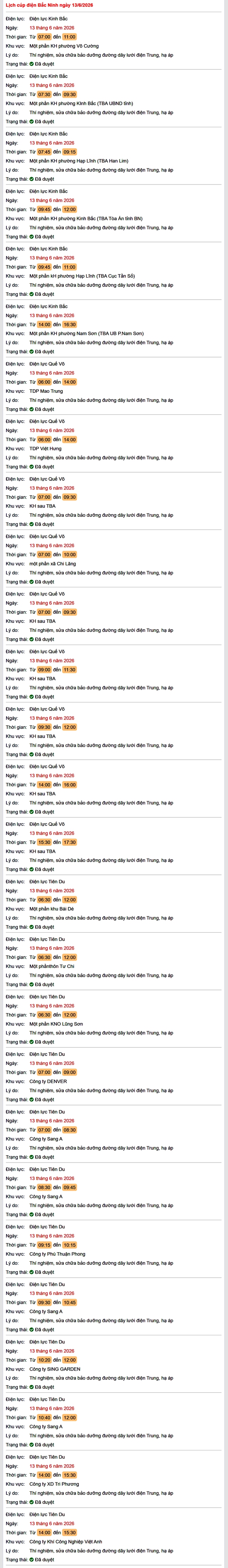 Tra cứu lịch cắt điện Bắc Ninh hôm nay Thứ 7 ngày 13/6/2026- Ảnh 1. Tra cứu lịch cắt điện Bắc Ninh hôm nay Thứ 7 ngày 13/6/2026- Ảnh 1.